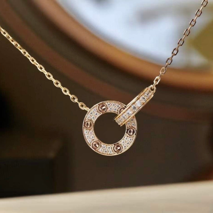[Riva Jewelry ]LOVE 7.6MM NECKLACE ROSE GOLD AND SILVER  FULL DIAMOND