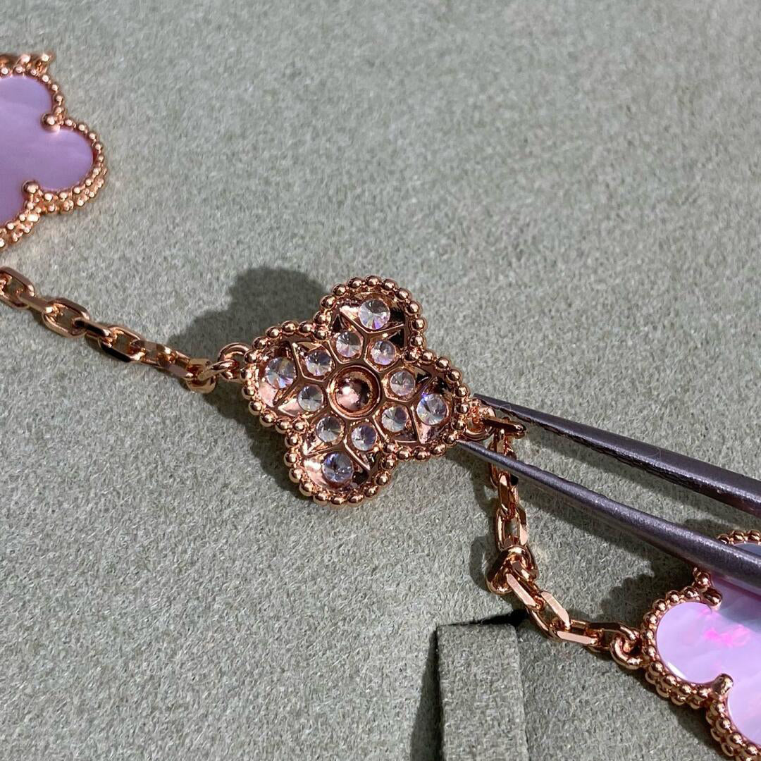 [Riva Jewelry ]CLOVER 10 MOTIFS DIAMOND PINK MOP NECKLACE