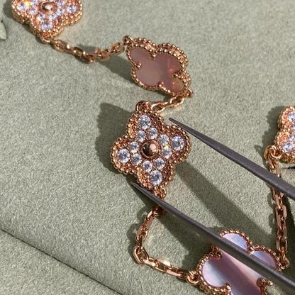 [Riva Jewelry ]CLOVER 10 MOTIFS DIAMOND PINK MOP NECKLACE