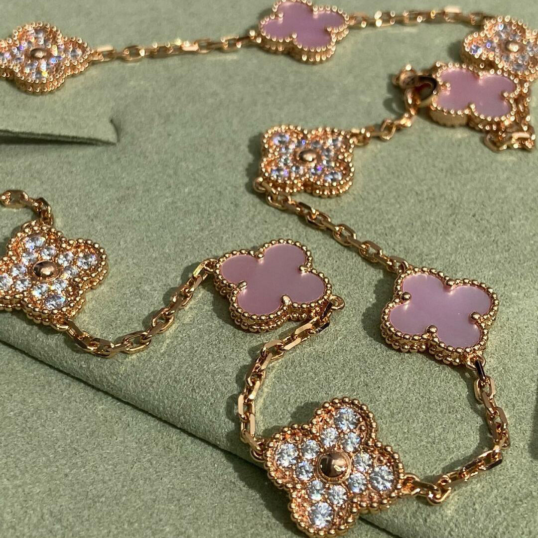 [Riva Jewelry ]CLOVER 10 MOTIFS DIAMOND PINK MOP NECKLACE