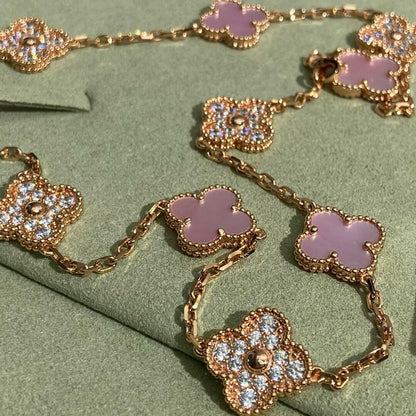 [Riva Jewelry ]CLOVER 10 MOTIFS DIAMOND PINK MOP NECKLACE