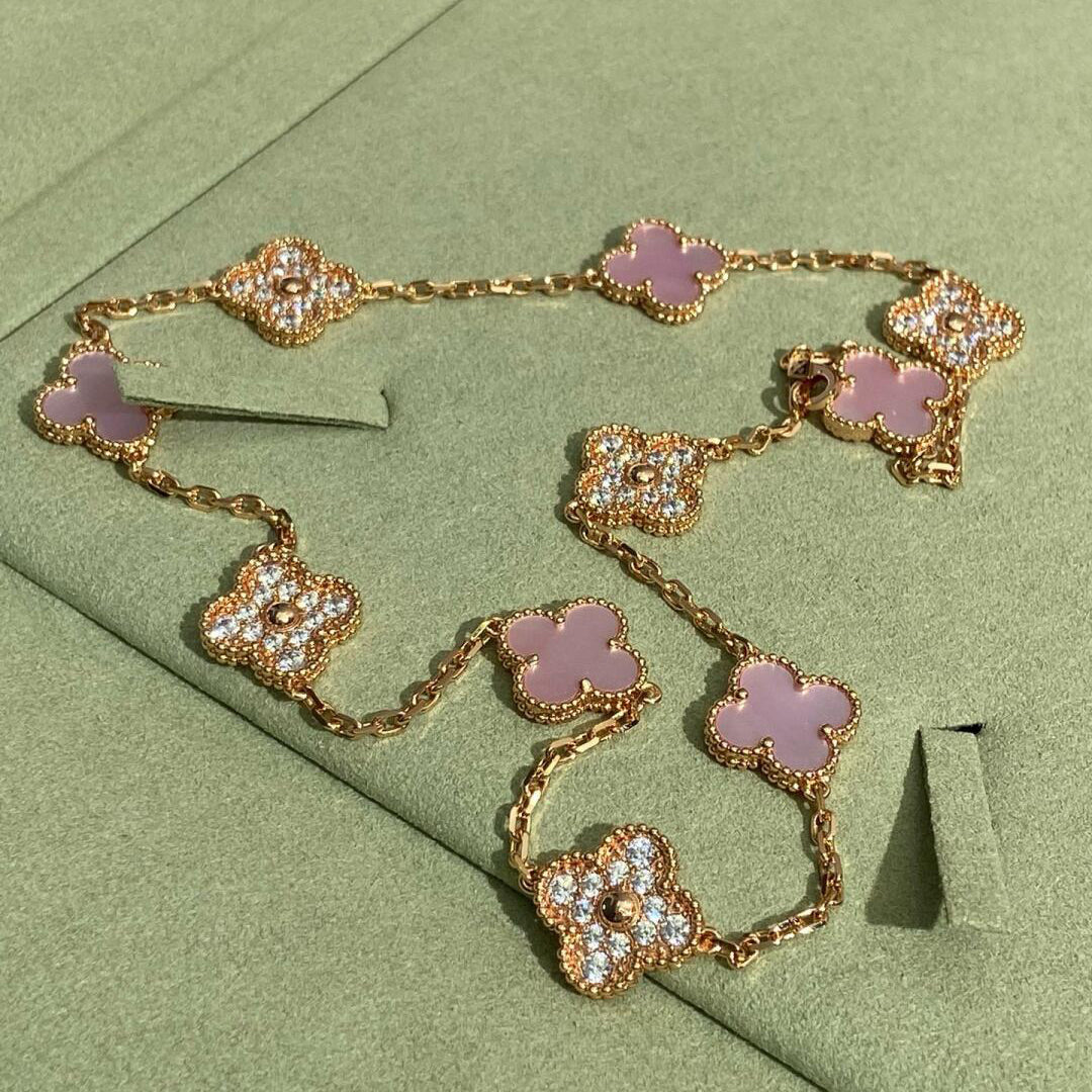[Riva Jewelry ]CLOVER 10 MOTIFS DIAMOND PINK MOP NECKLACE