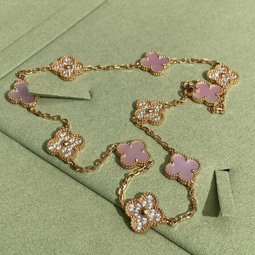 [Riva Jewelry ]CLOVER 10 MOTIFS DIAMOND PINK MOP NECKLACE