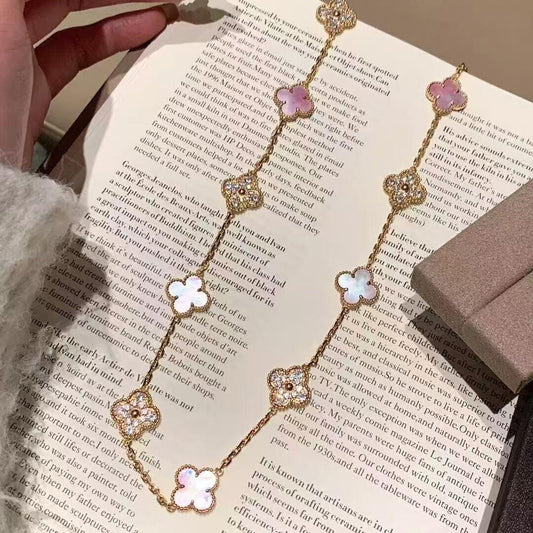 [Riva Jewelry ]CLOVER 20 MOTIFS DIAMOND PINK MOP NECKLACE
