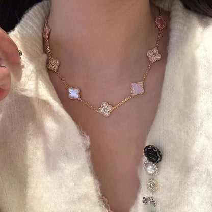 [Riva Jewelry ]CLOVER 10 MOTIFS DIAMOND PINK MOP NECKLACE
