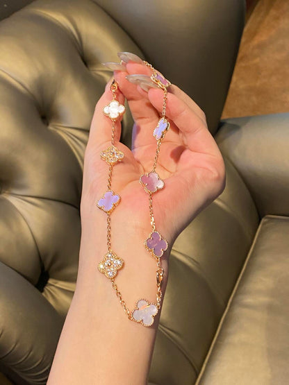 [Riva Jewelry ]CLOVER 10 MOTIFS DIAMOND PINK MOP NECKLACE