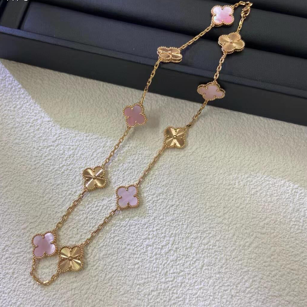 [Riva Jewelry ]CLOVER 10 MOTIFS  LASER PINK MOP NECKLACE
