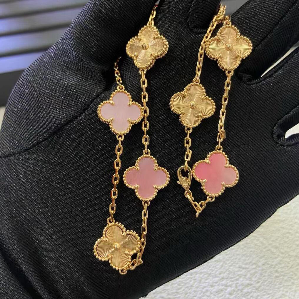 [Riva Jewelry ]CLOVER 10 MOTIFS  LASER PINK MOP NECKLACE
