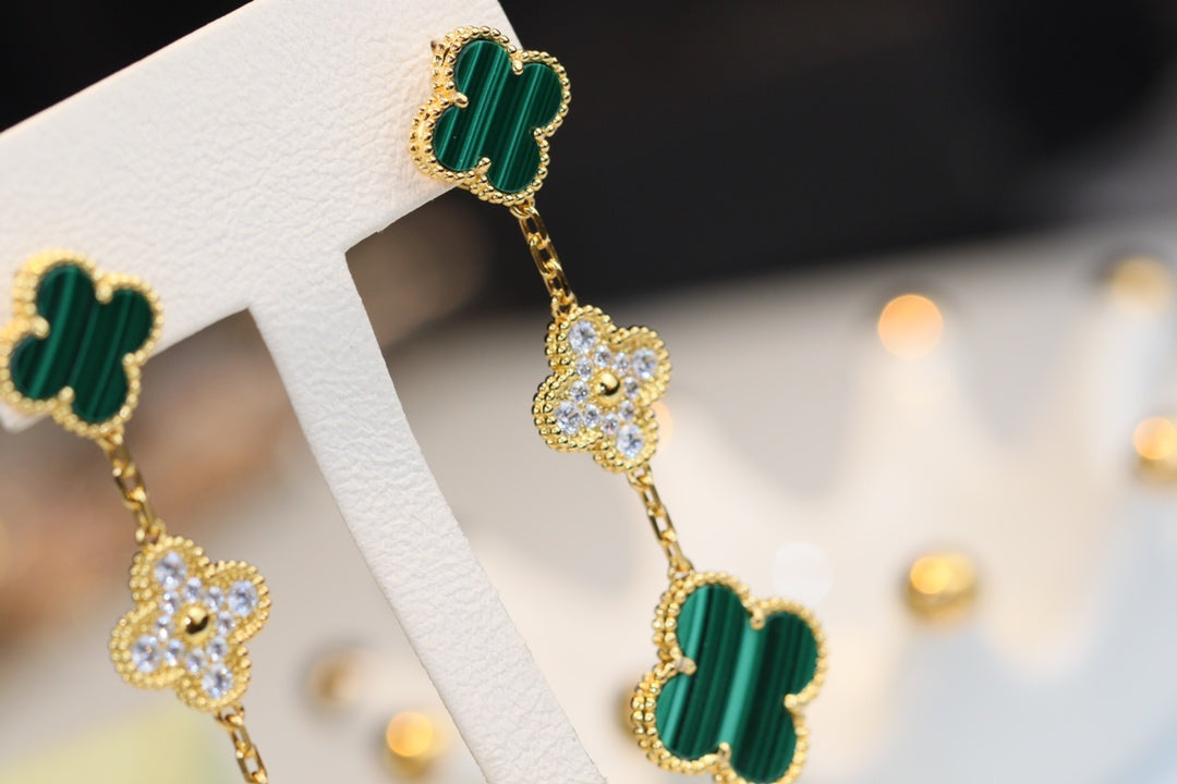 [Riva Jewelry ]CLOVER EARRINGS GOLD MALACHITE DIAMOND 3 MOTIF