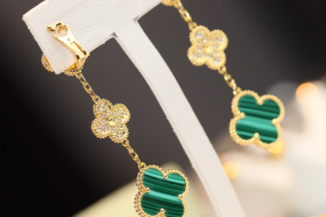 [Riva Jewelry ]CLOVER EARRINGS GOLD MALACHITE DIAMOND 3 MOTIF