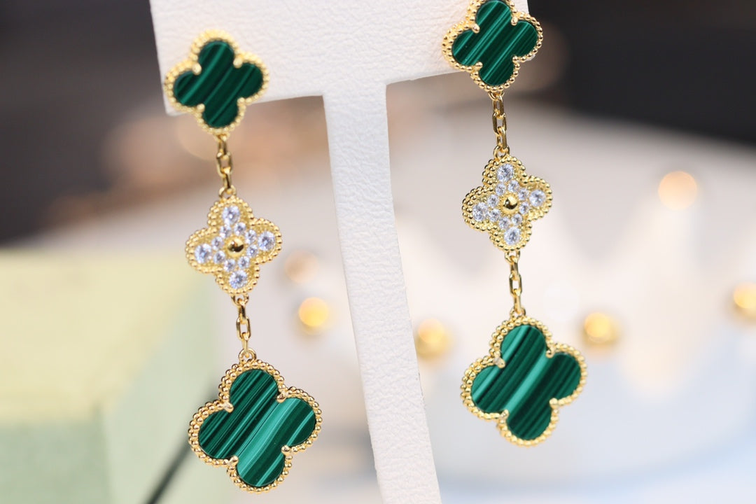 [Riva Jewelry ]CLOVER EARRINGS GOLD MALACHITE DIAMOND 3 MOTIF