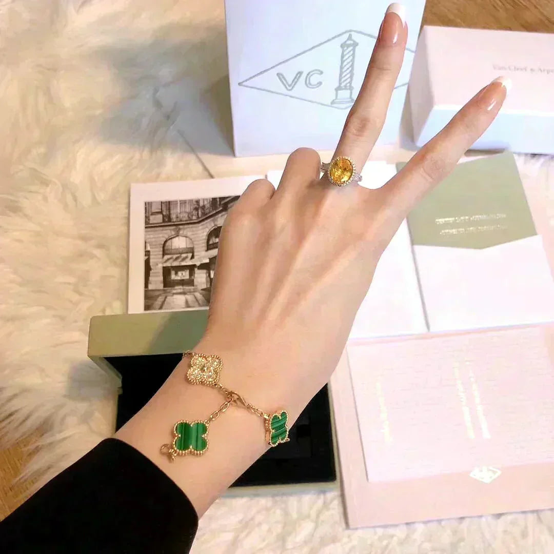 [Riva Jewelry]ラッキー クローバー 5モチーフ ブレスレット - マラカイト コレクション