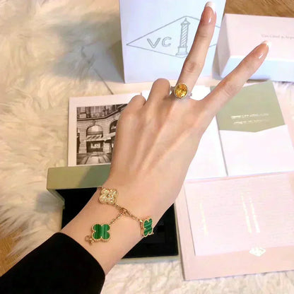 [Riva Jewelry]ラッキー クローバー 5モチーフ ブレスレット - マラカイト コレクション