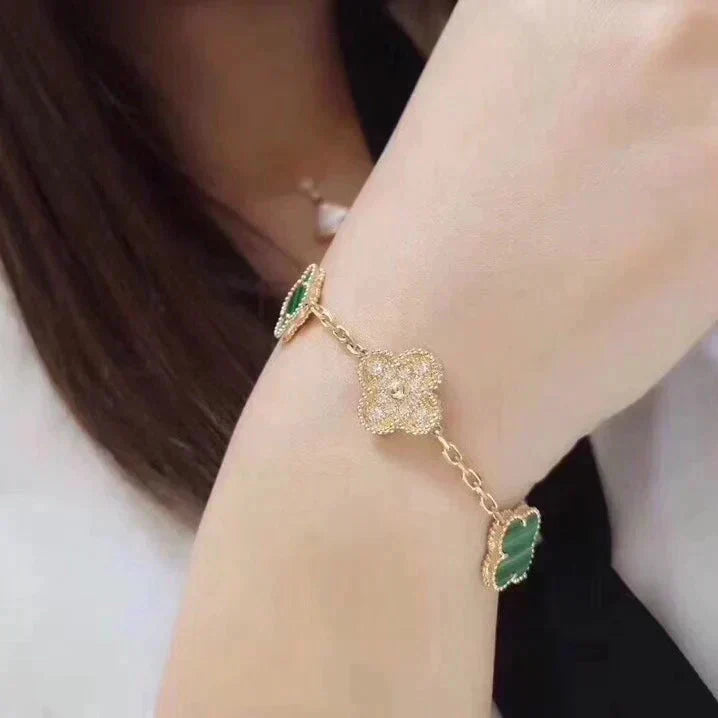 [Riva Jewelry]ラッキー クローバー 5モチーフ ブレスレット - マラカイト コレクション