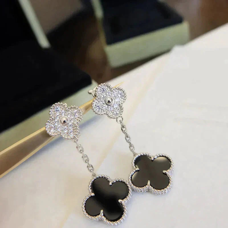 [Riva Jewelry ]CLOVER 2 MOTIFS  DIAMOND ONYX EARRINGS SILVER