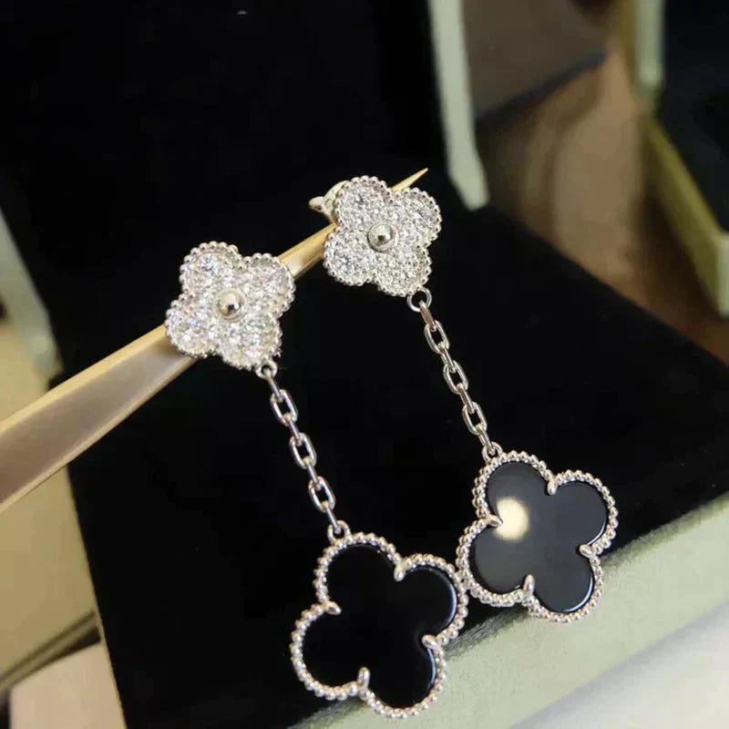 [Riva Jewelry ]CLOVER 2 MOTIFS  DIAMOND ONYX EARRINGS SILVER