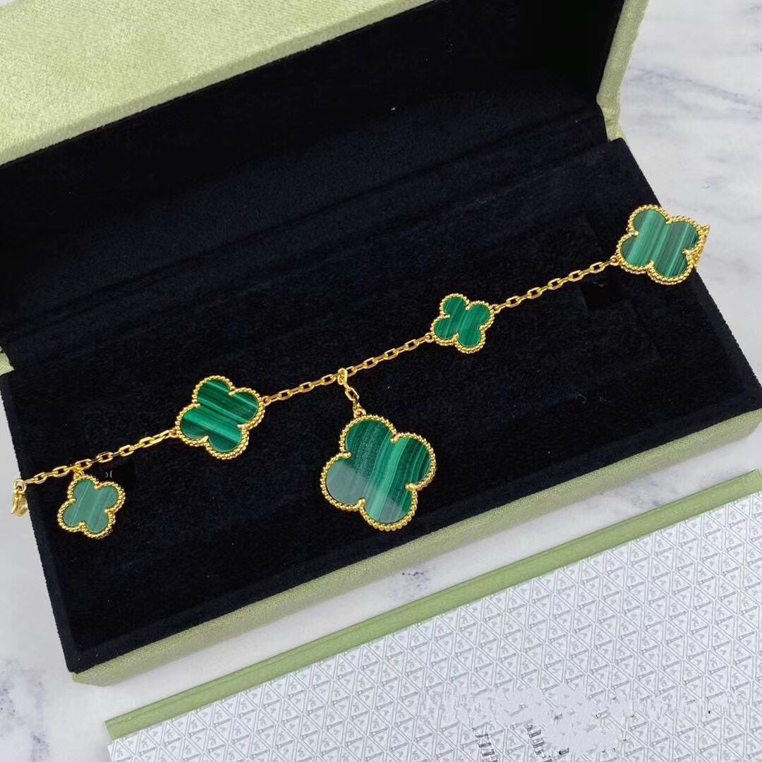 [Riva Jewelry ]MAGIC CLOVER MALACHITE GOLD BRACELET 5 MOTIFS