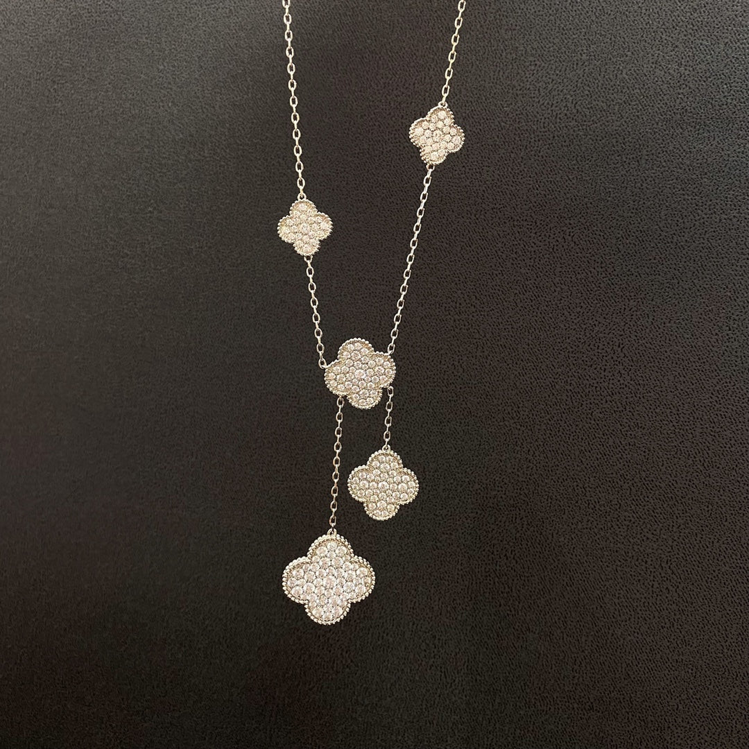 [Riva Jewelry ]CLOVER 5 MOTIFS SILVER DIAMONDS NECKLACE
