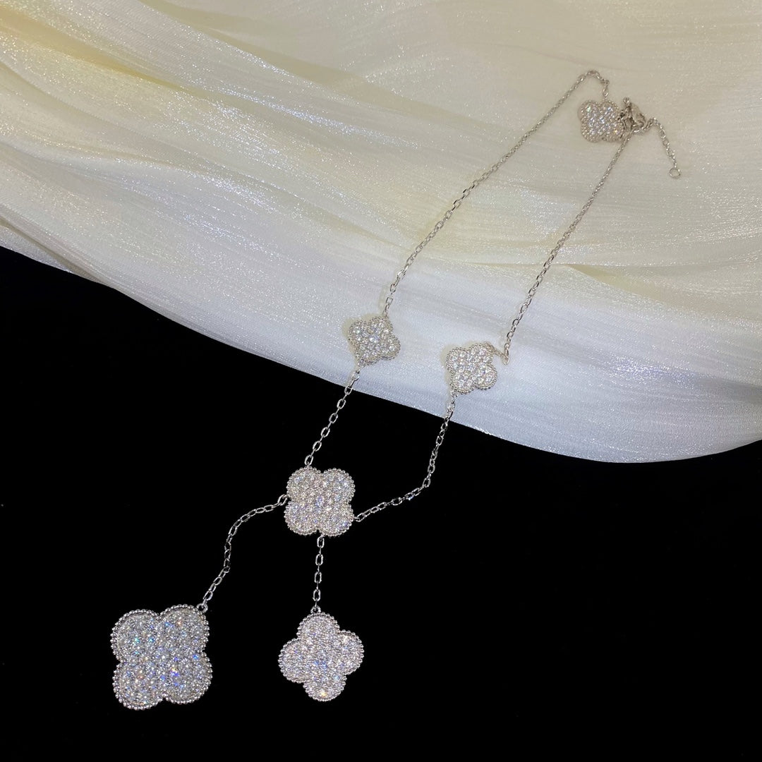 [Riva Jewelry ]CLOVER 5 MOTIFS SILVER DIAMONDS NECKLACE
