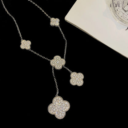 [Riva Jewelry ]CLOVER 5 MOTIFS SILVER DIAMONDS NECKLACE