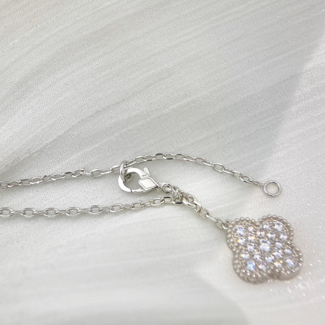 [Riva Jewelry ]CLOVER 5 MOTIFS SILVER DIAMONDS NECKLACE