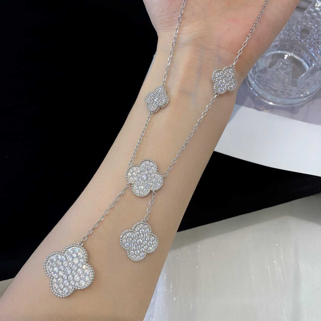 [Riva Jewelry ]CLOVER 5 MOTIFS SILVER DIAMONDS NECKLACE