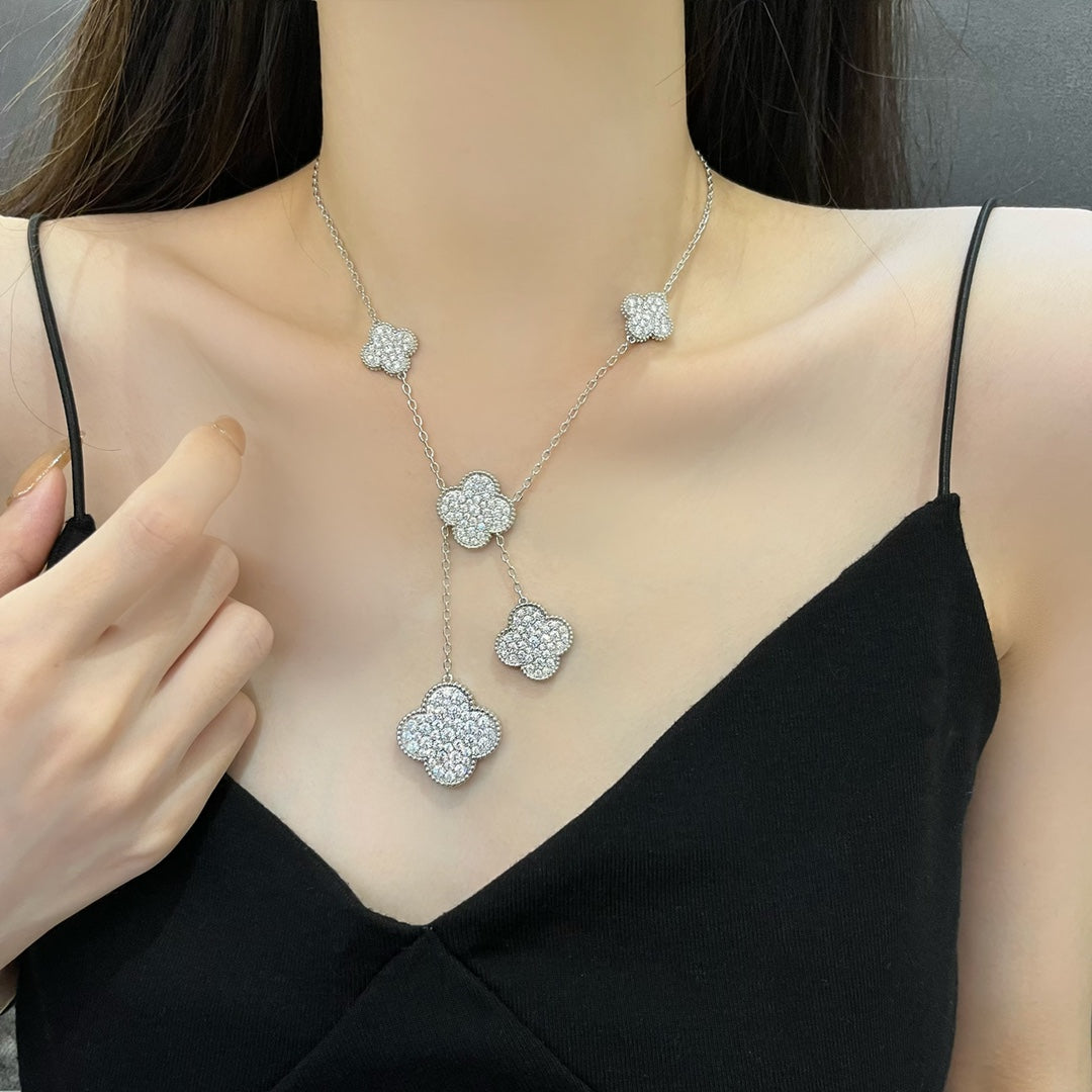 [Riva Jewelry ]CLOVER 5 MOTIFS SILVER DIAMONDS NECKLACE