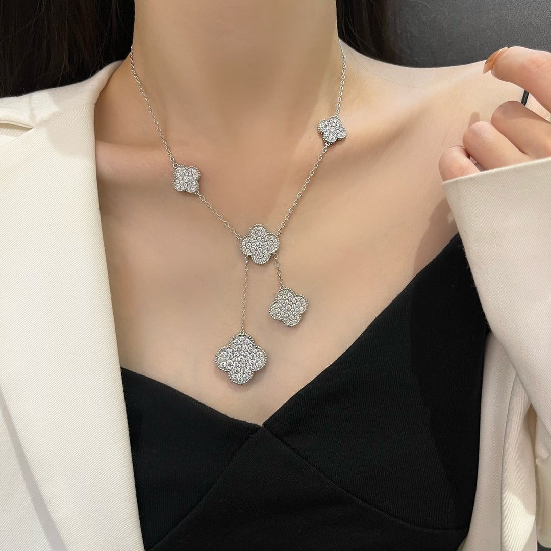 [Riva Jewelry ]CLOVER 5 MOTIFS SILVER DIAMONDS NECKLACE