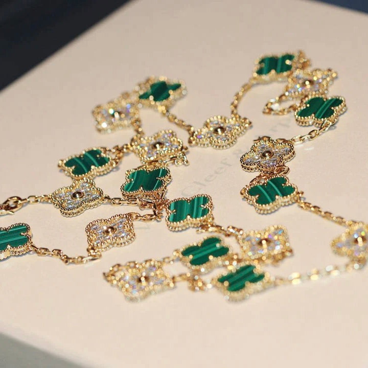 [Riva Jewelry ]CLOVER 20 MOTIFS MALACHITE DIAMOND NECKLACE