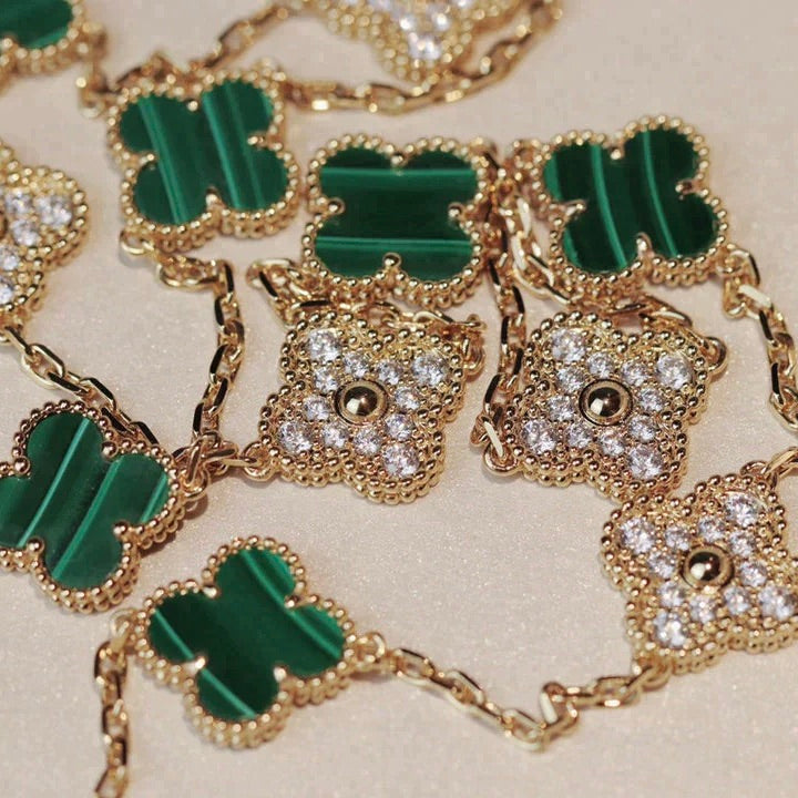 [Riva Jewelry ]CLOVER 20 MOTIFS MALACHITE DIAMOND NECKLACE