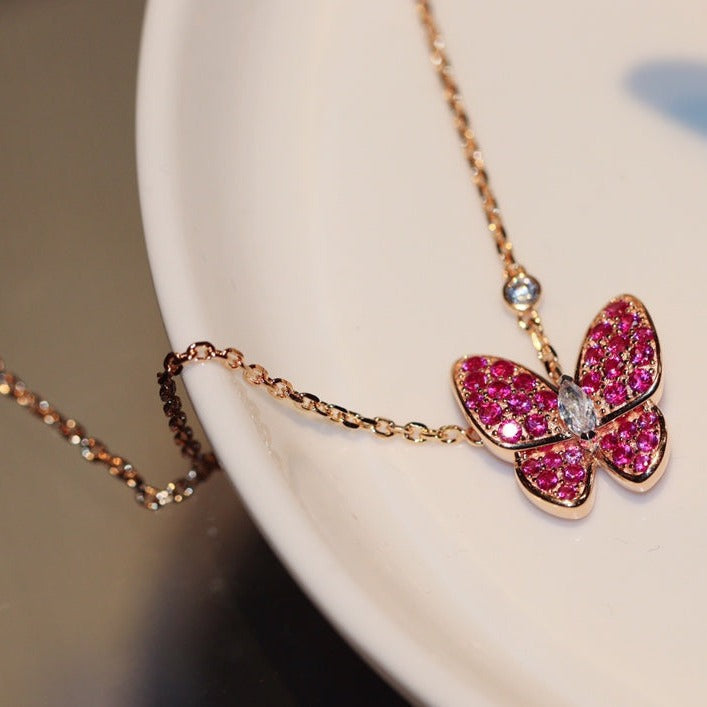 [Riva Jewelry ]BUTTERFLY RED DIAMOND ROSE GOLD NECKLACE
