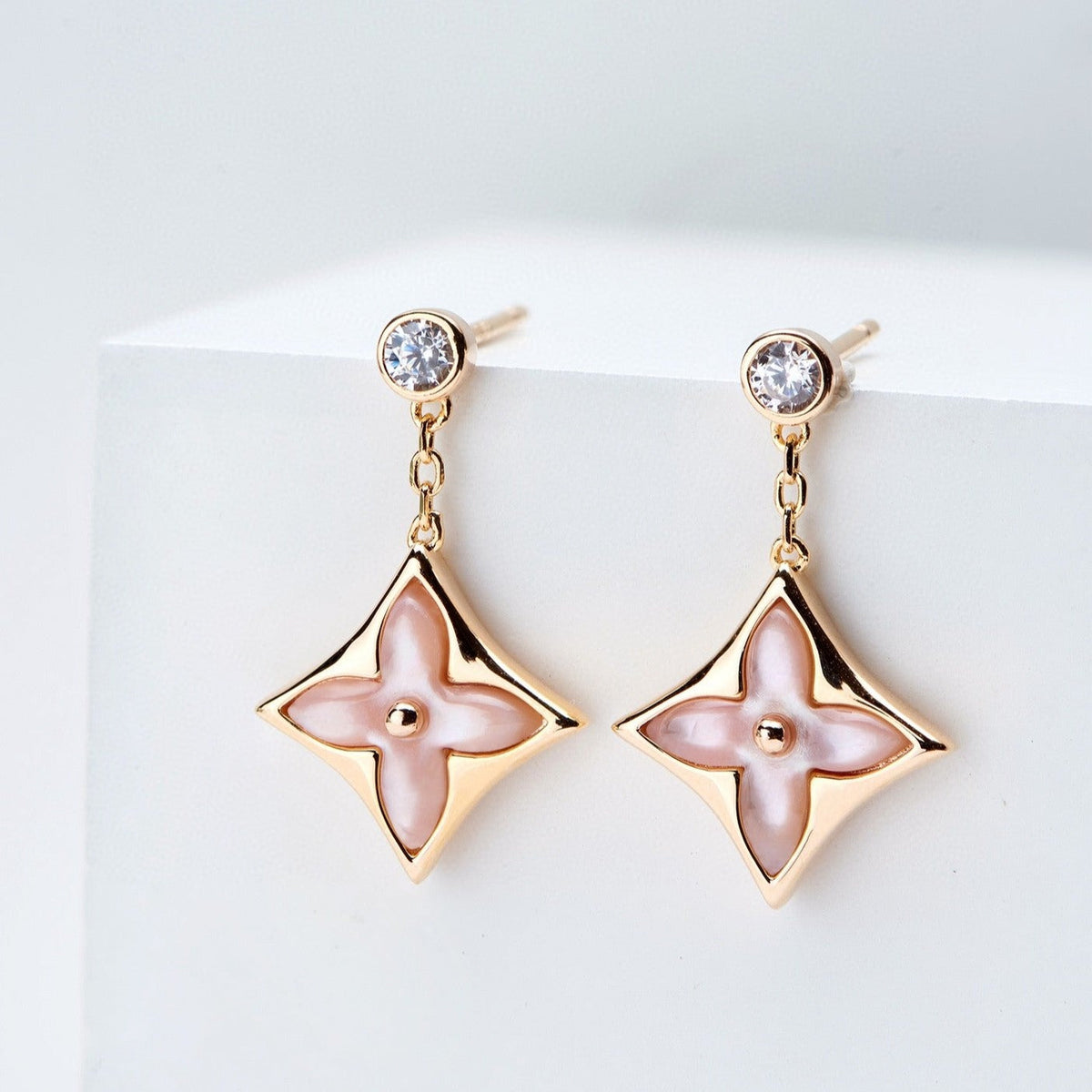 [Riva Jewelry ]DOUBLE STAR PINK GOLD MOP DROP EARRINGS