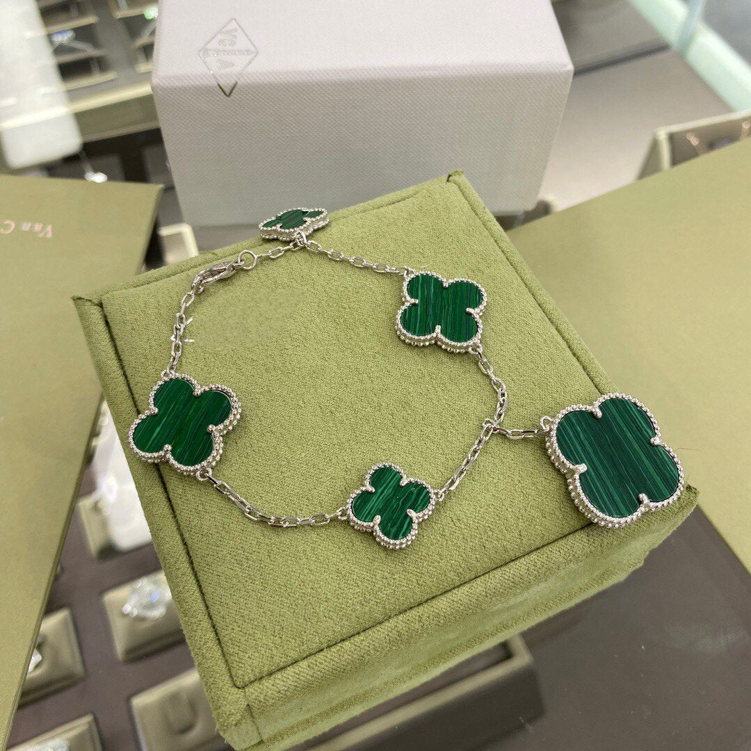 [Riva Jewelry ]CLOVER 5 MOTIFS SIVLER MALACHITE BRACELET