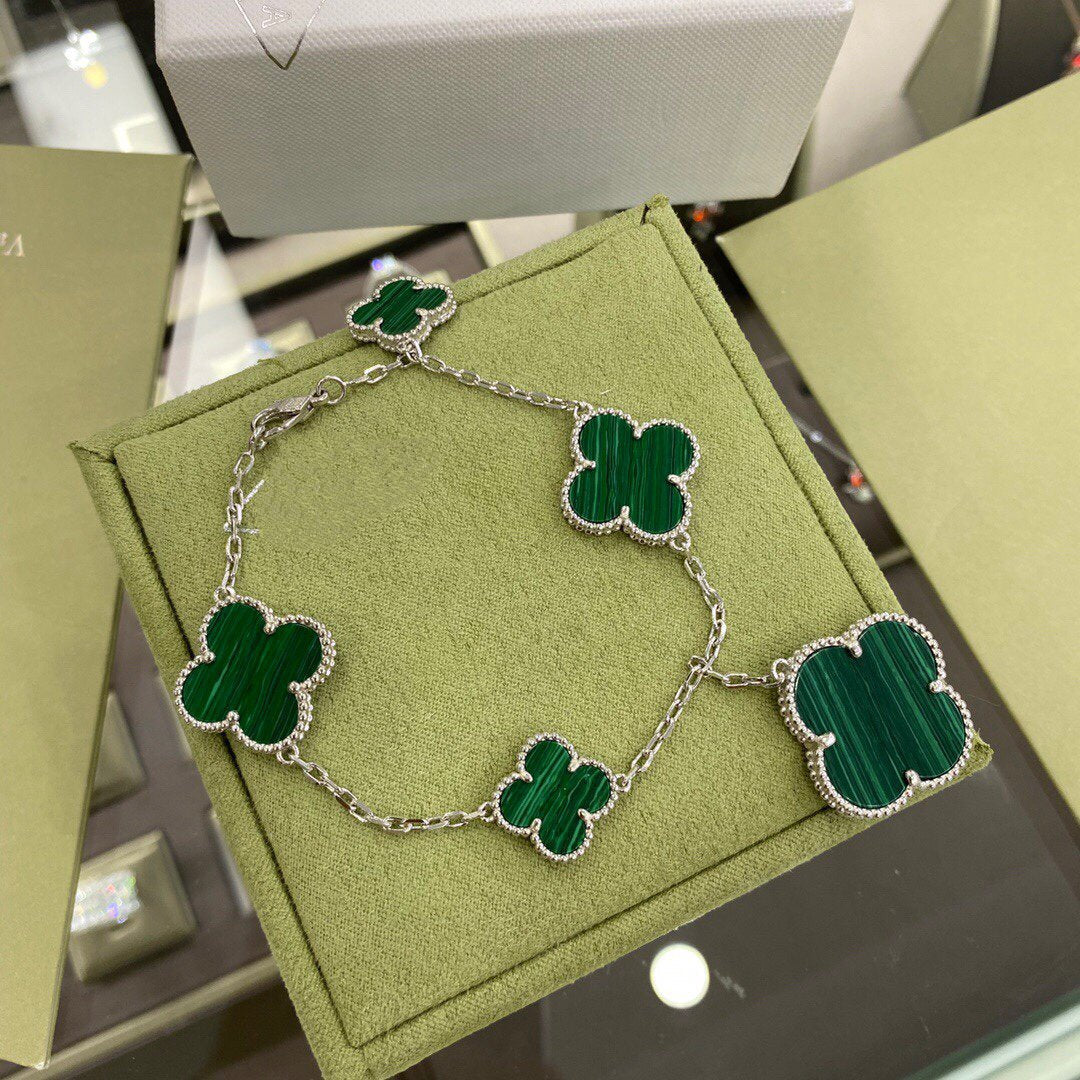 [Riva Jewelry ]CLOVER 5 MOTIFS SIVLER MALACHITE BRACELET