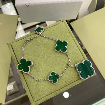 [Riva Jewelry ]CLOVER 5 MOTIFS SIVLER MALACHITE BRACELET
