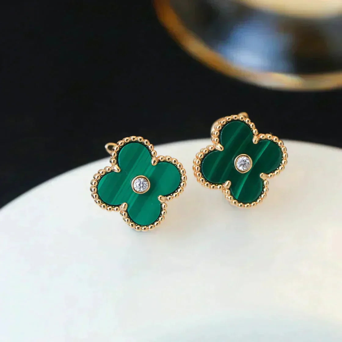 [Riva Jewelry ]CLOVER MEDIUM 1 MOTIFS MALACHITE DIAMOND EARRINGS