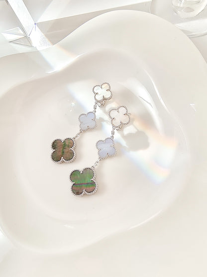 [Riva Jewelry ]CLOVER 3 MOTIFS CHALCEDONY DARK MOP SILVER EARRINGS
