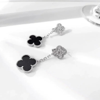 [Riva Jewelry ]CLOVER 2 MOTIFS  DIAMOND ONYX EARRINGS SILVER