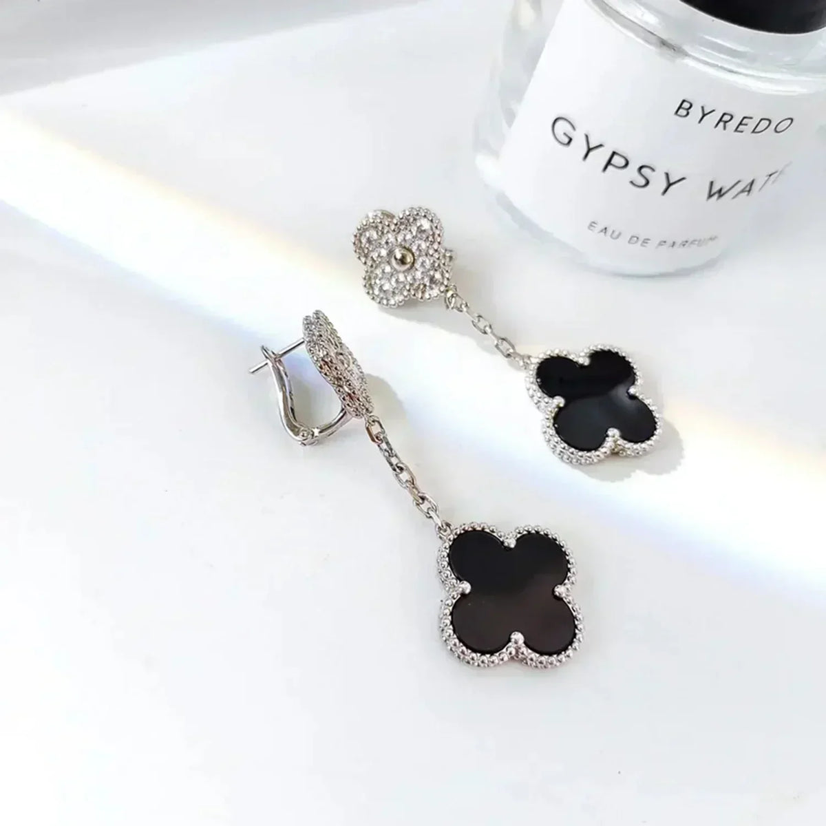 [Riva Jewelry ]CLOVER 2 MOTIFS  DIAMOND ONYX EARRINGS SILVER