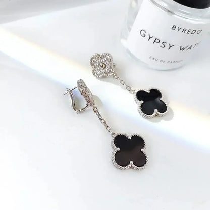 [Riva Jewelry ]CLOVER 2 MOTIFS  DIAMOND ONYX EARRINGS SILVER