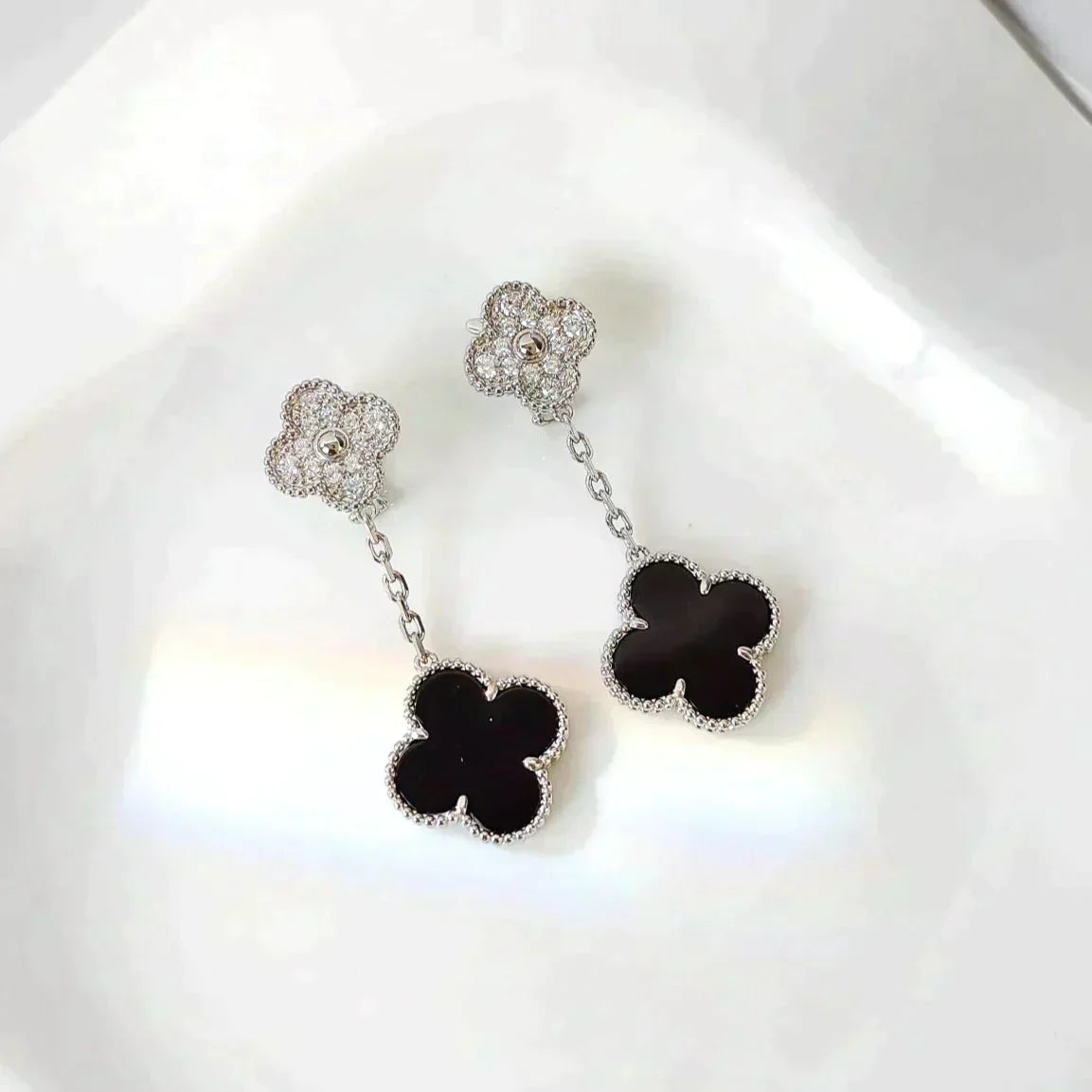 [Riva Jewelry ]CLOVER 2 MOTIFS  DIAMOND ONYX EARRINGS SILVER