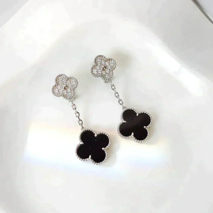 [Riva Jewelry ]CLOVER 2 MOTIFS  DIAMOND ONYX EARRINGS SILVER