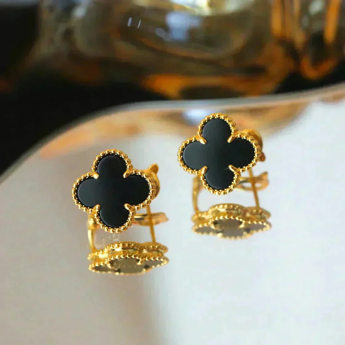 [Riva Jewelry ]CLOVER MEDIUM 1 MOTIFS  ONYX STUD EARRINGS
