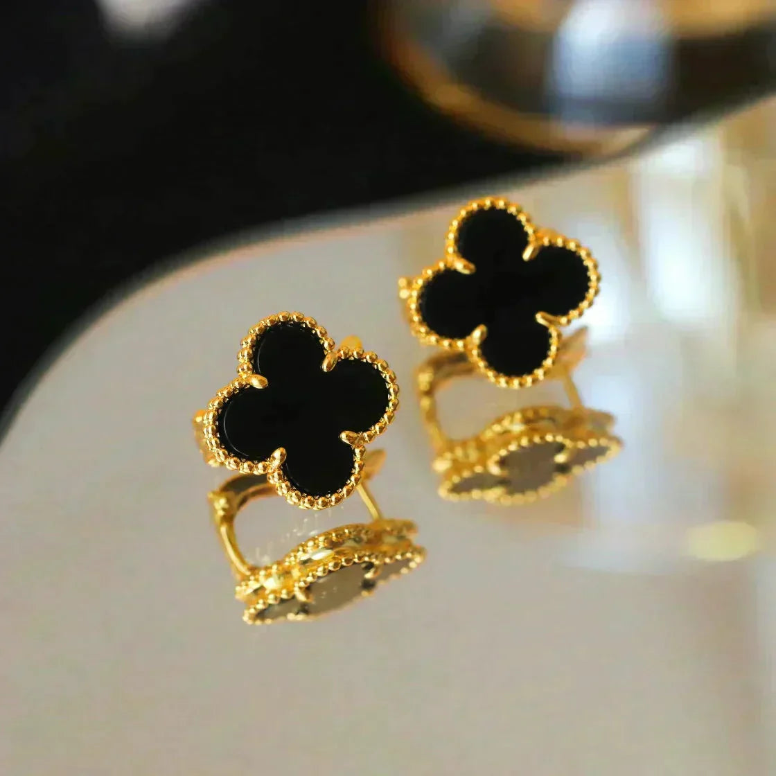 [Riva Jewelry ]CLOVER MEDIUM 1 MOTIFS  ONYX STUD EARRINGS