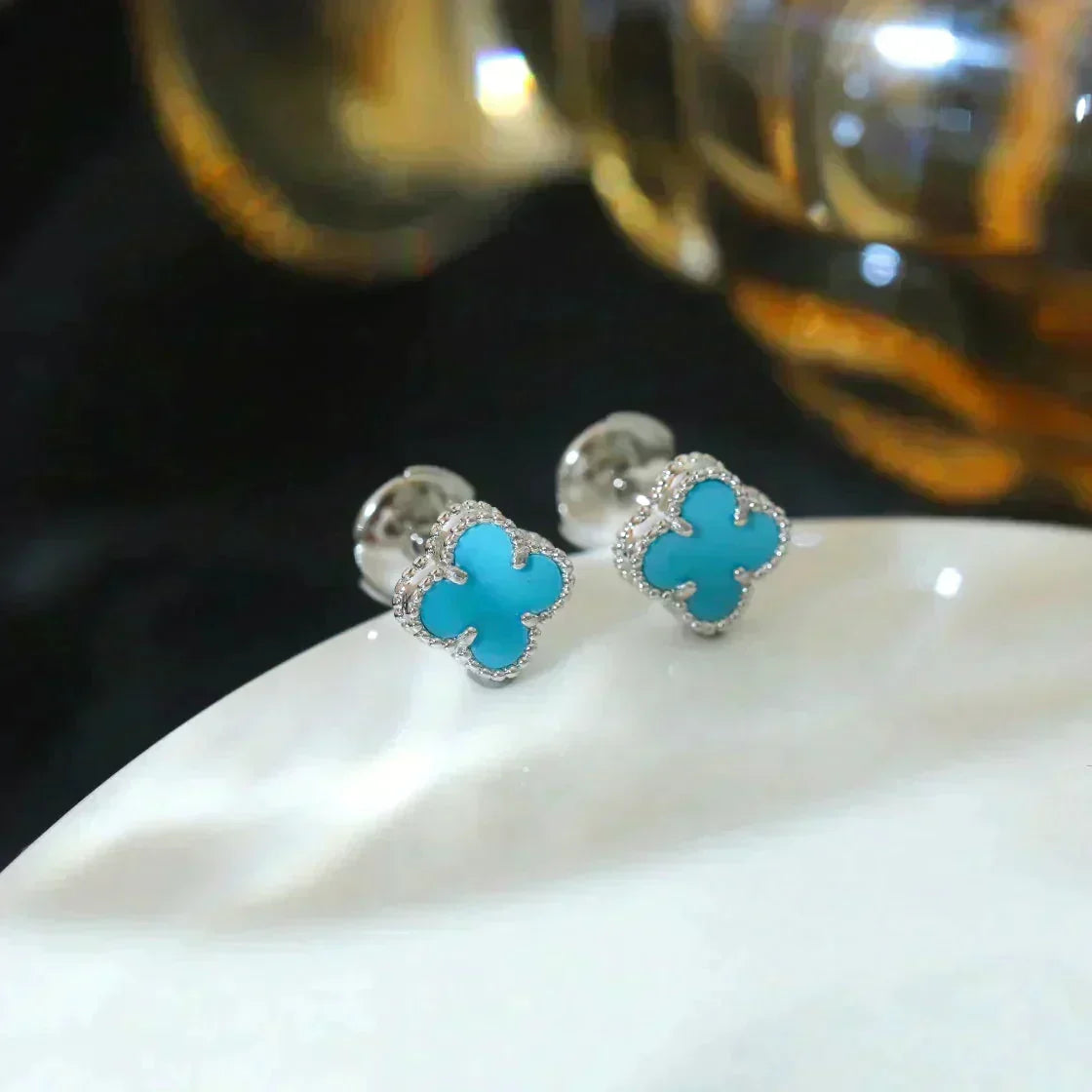 [Riva Jewelry ]CLOVER MINI 9.5MM ONYX STUD EARRINGS SILVER