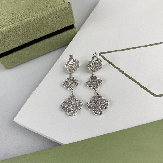 [Riva Jewelry ]CLOVER 3 MOTIF DIAMOND SILVER DROP EARRINGS