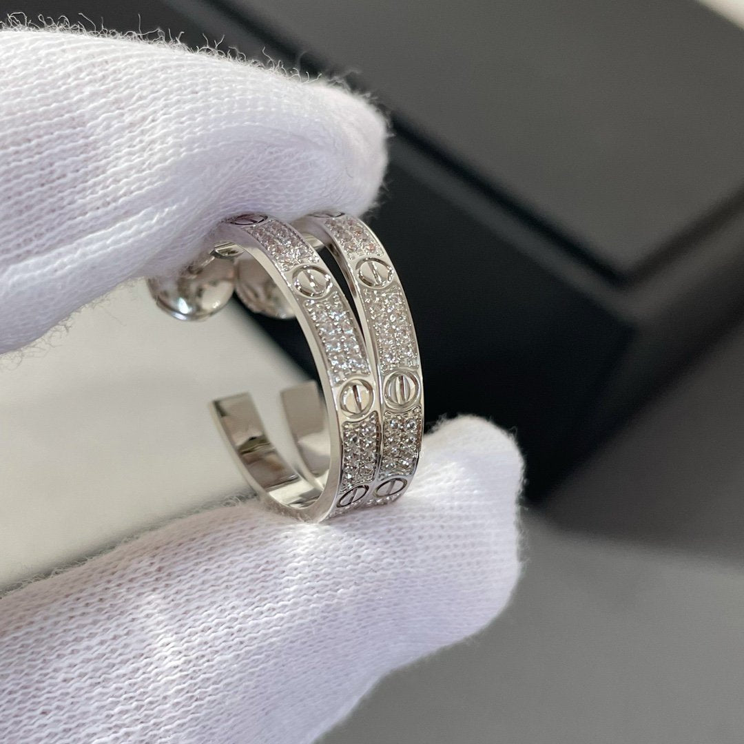 [Riva Jewelry ]LOVE DIAMOND SILVER HOOP EARRINGS