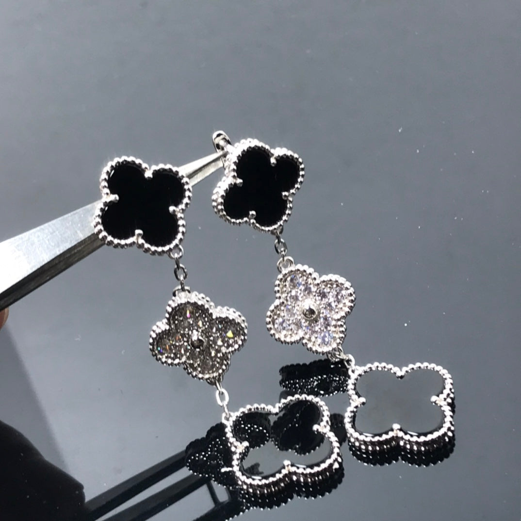 [Riva Jewelry ]CLOVER 3 MOTIF DIAMOND ONYX SILVER EARRINGS