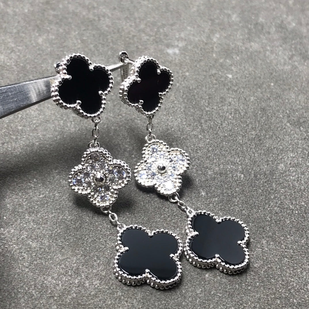 [Riva Jewelry ]CLOVER 3 MOTIF DIAMOND ONYX SILVER EARRINGS