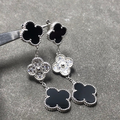 [Riva Jewelry ]CLOVER 3 MOTIF DIAMOND ONYX SILVER EARRINGS